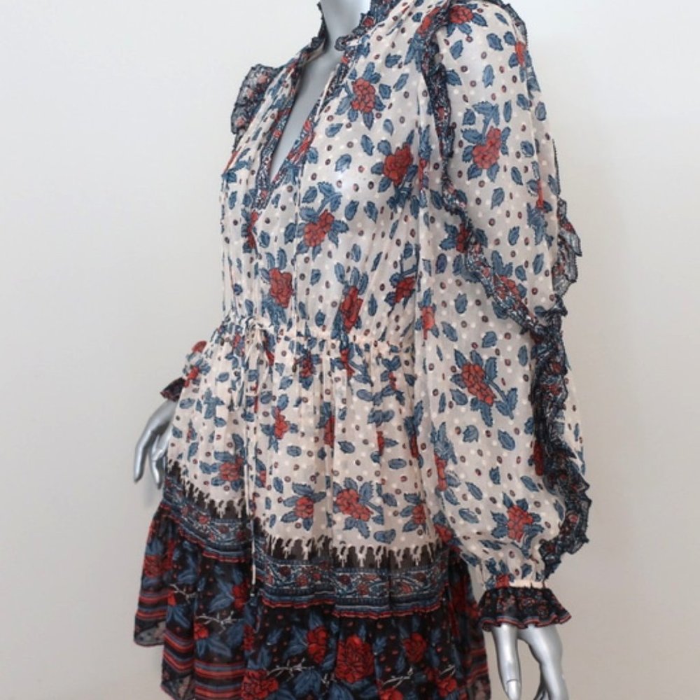 ULLA JOHNSON DRESS DANI CREAM/RED RUFFLED FLORAL CHIFFON SIZE 2 LONG SLEEVE MINI - Picture 4 of 8